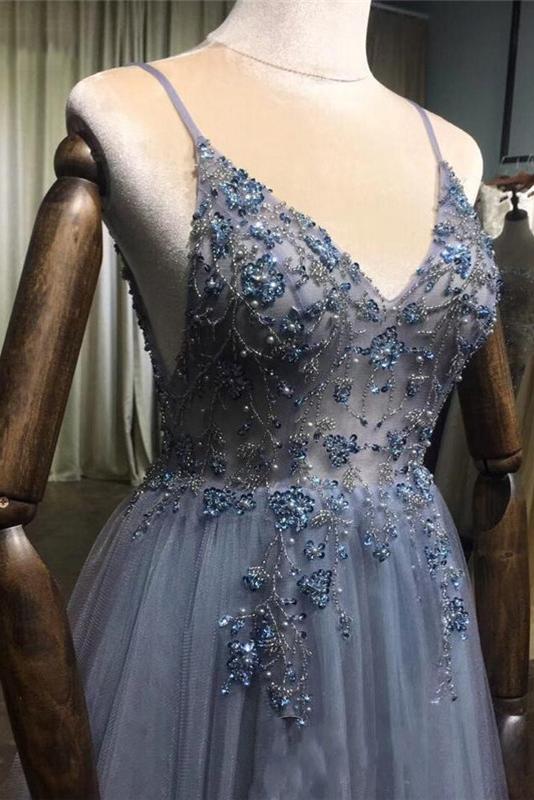 A-Line V-Neck Sleeveless Prom Dresses Beading Tulle Evening Dresses