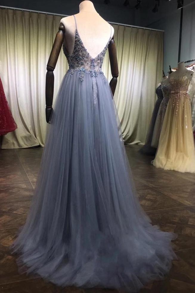 A-Line V-Neck Sleeveless Prom Dresses Beading Tulle Evening Dresses