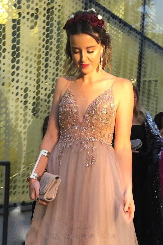 A-Line V-Neck Sleeveless Prom Dresses Beading Tulle Evening Dresses