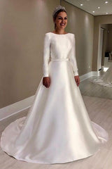 Long Sleeves Ivory Simple Vintage Wedding Dresses with Back Bowknot