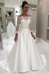 Elegant White Satin A-Line Wedding Dresses with Lace Long Sleeves