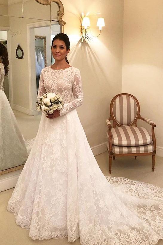 Modest Long Sleeves Lace Wedding Dresses, Sleeveless A-Line Bridal Gown