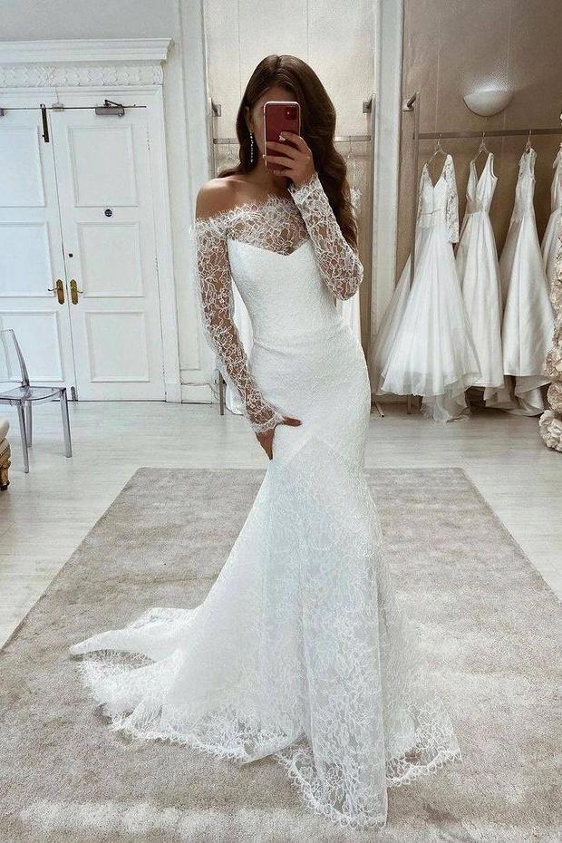 Elegant White Mermaid Lace Beach Wedding Dresses with Long Sleeves