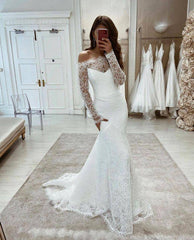 Elegant White Mermaid Lace Beach Wedding Dresses with Long Sleeves