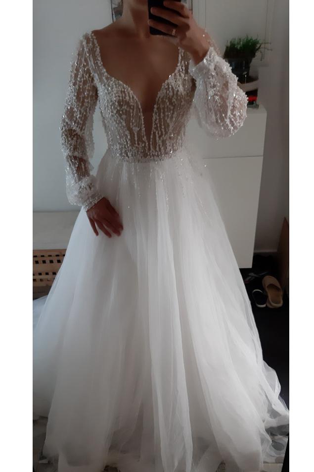 Sparkle Long Sleeve V-Neck Sequins Beach Wedding Dresses, Backless Bridal Gown