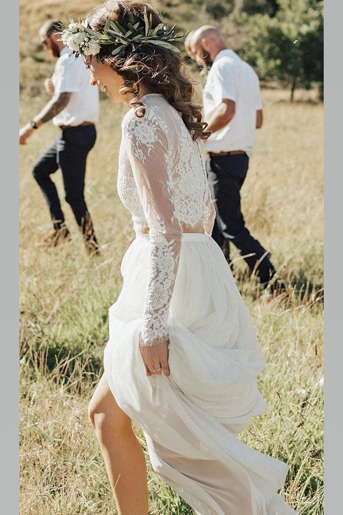 Lace Long Sleeves Beach Wedding Dress, Boho Two-Piece Chiffon Bridal Gown