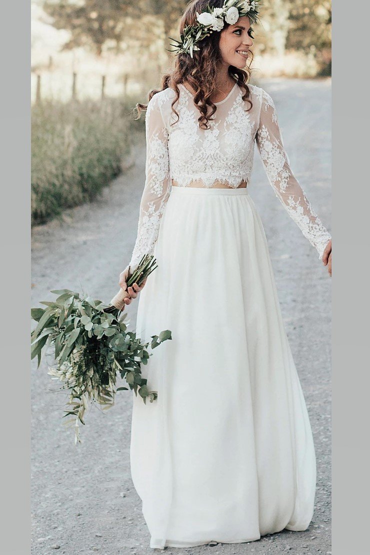 Lace Long Sleeves Beach Wedding Dress, Boho Two-Piece Chiffon Bridal Gown