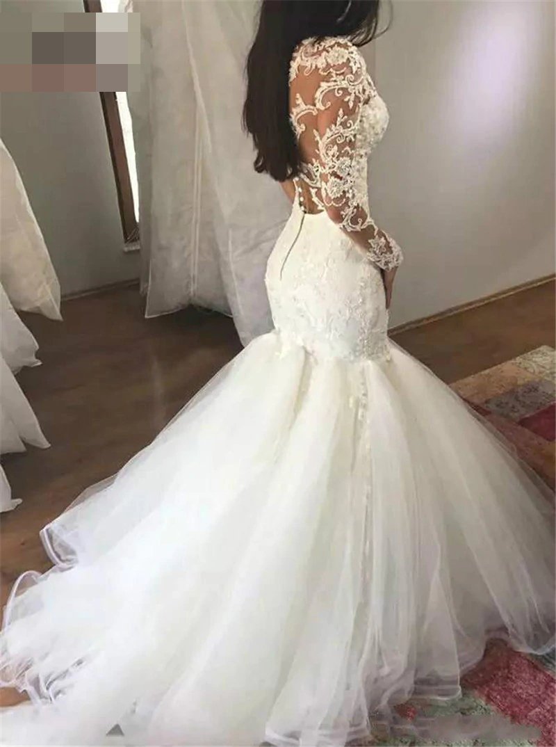 Sheer Long Sleeves Mermaid Wedding Dress, V-Neck Tulle Bridal Dress with Appliques