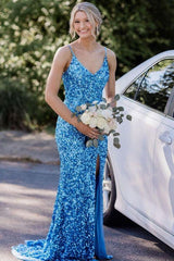 Blue Sequin Mermaid Sleeveless Long Prom Dress