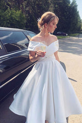 A-Line Ankle Length Homecoming Dress, Ivory Off-Shoulder Satin Short Wedding Dress