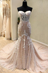 Charming Mermaid Sweetheart Lace Wedding Dresses, Sleeveless Long Bridal Gown