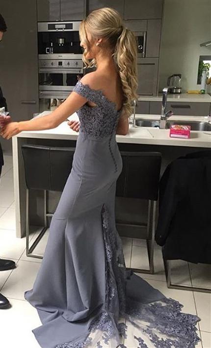 Off-the-Shoulder Satin Lace Prom Dresses, Grey Long Bridesmaid Dresses