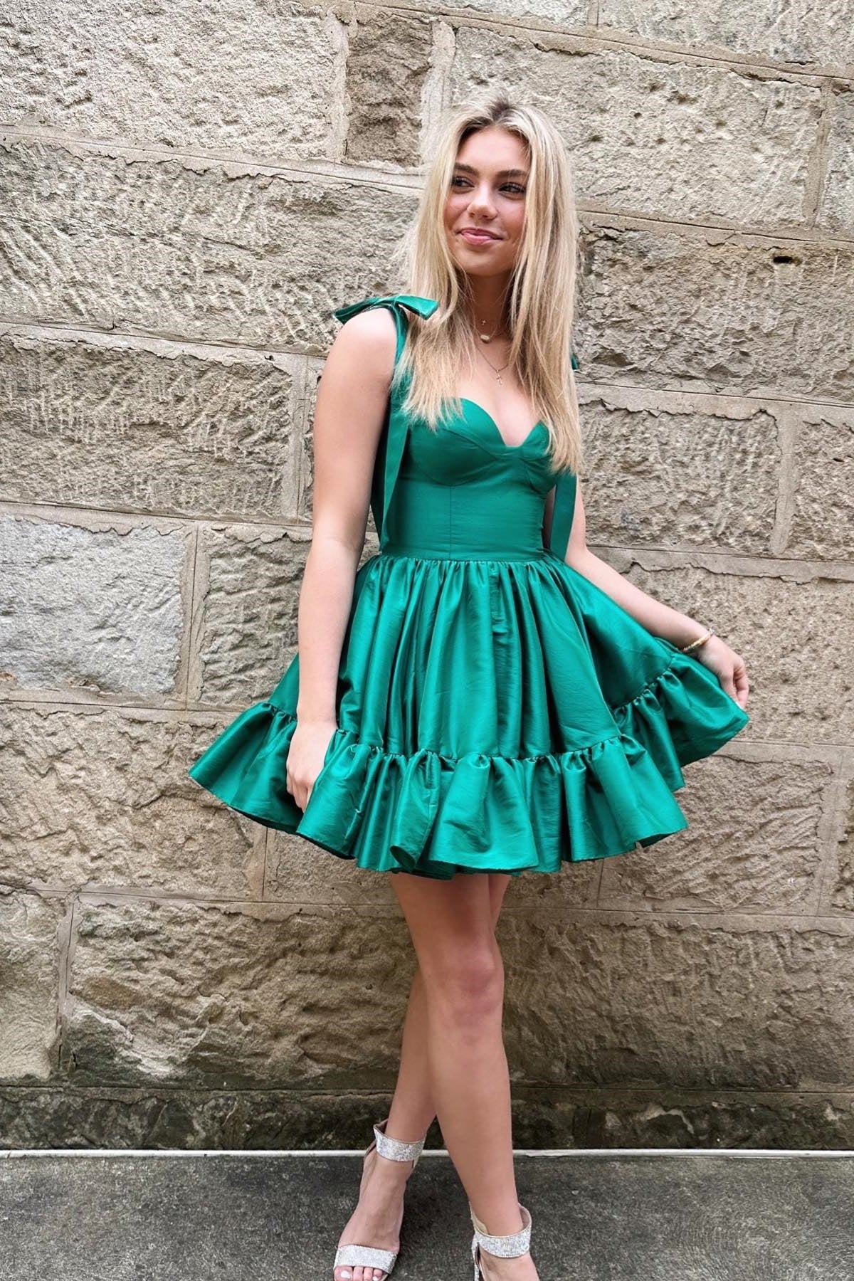 Cute A-Line Tie Straps Green Ruffles Satin Short Homecoming Dresses