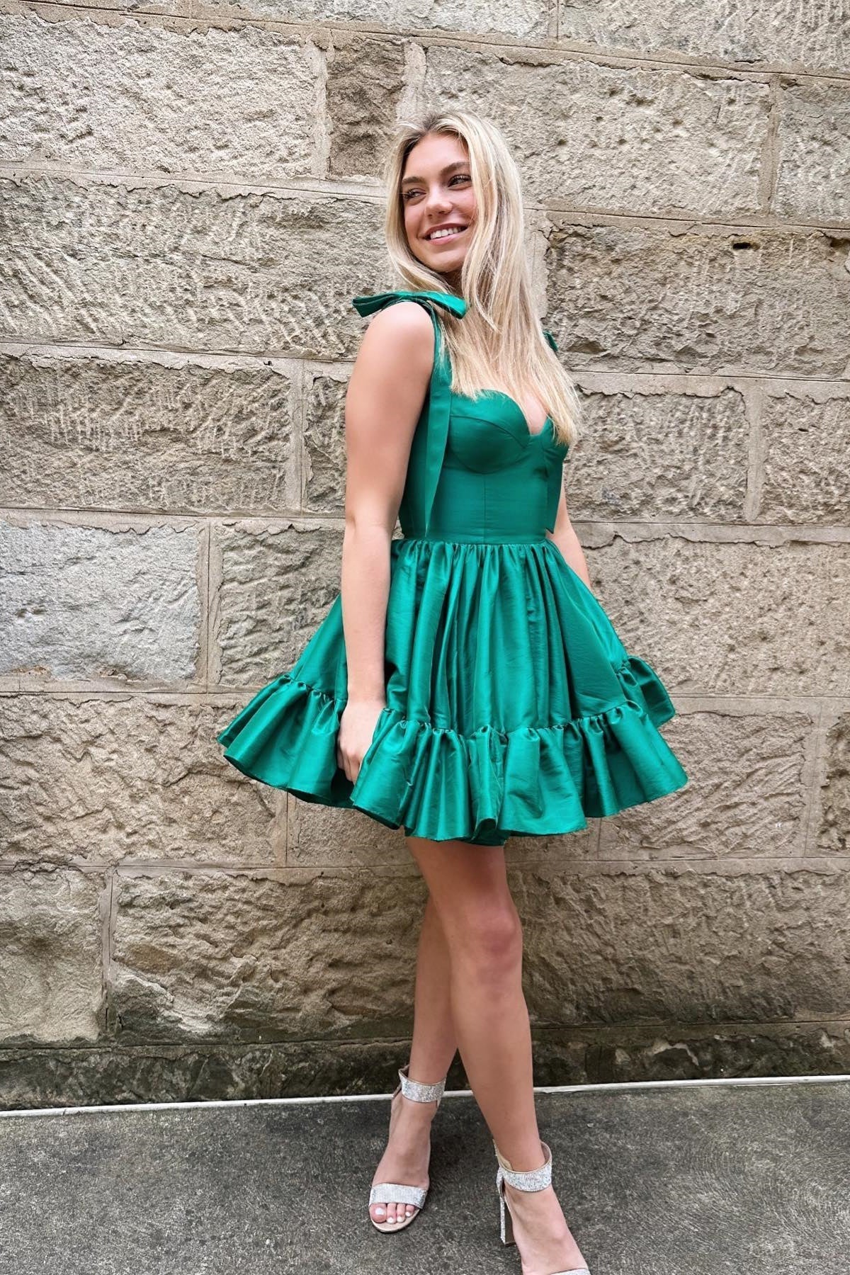 Cute A-Line Tie Straps Green Ruffles Satin Short Homecoming Dresses