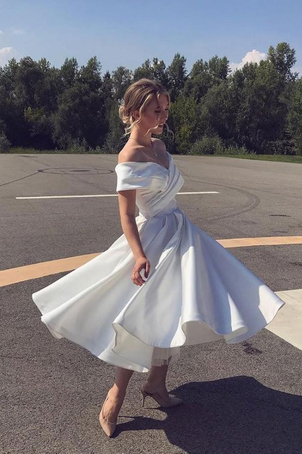 A-Line Ankle Length Homecoming Dress, Ivory Off-Shoulder Satin Short Wedding Dress