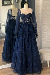 A-Line Navy Blue Lace Prom Dresses Long Sleeves Formal Evening Dresses