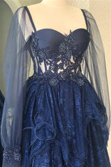 A-Line Navy Blue Lace Prom Dresses Long Sleeves Formal Evening Dresses