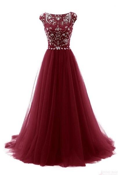 A-Line Beading Bodice Long Tulle Prom Dresses Evening Dresses