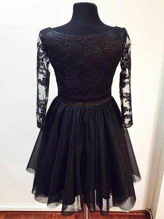 3/4 Sleeve V-Neck Little Black Lace Tulle Homecoming Dress