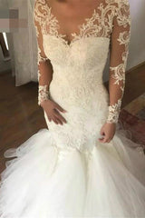 Sheer Long Sleeves Mermaid Wedding Dress, V-Neck Tulle Bridal Dress with Appliques