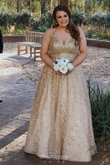 Spaghetti-Straps V-Neck Gold Lace Appliques Prom Dresses Plus Size Party Gown