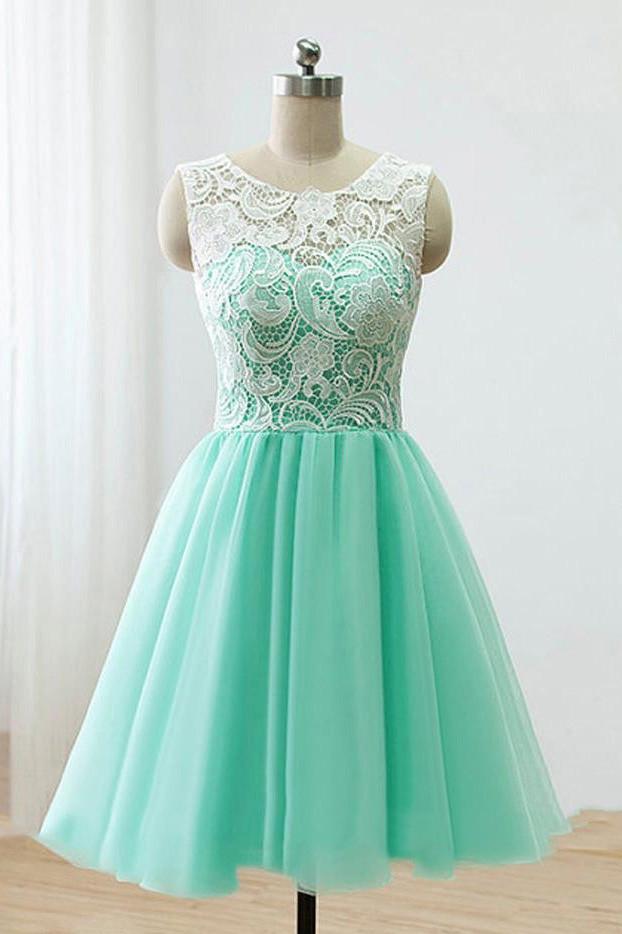 Mint Green Homecoming Dresses, Short Junior Bridesmaid Dress with Lace