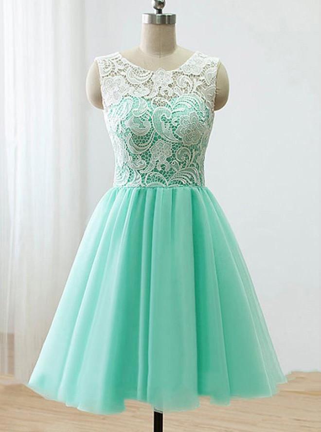 Mint Green Homecoming Dresses, Short Junior Bridesmaid Dress with Lace