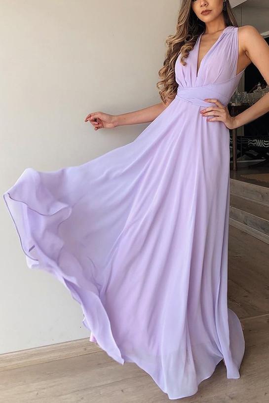 Flowy A-Line V-Neck Lilac Chiffon Bridesmaid Dress