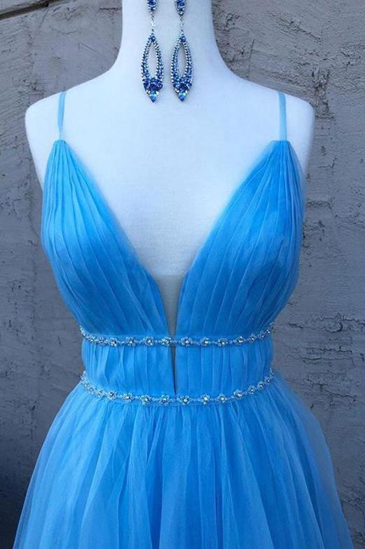 V-Neck Blue Long Prom Dresses Tulle Formal Dress with Beading