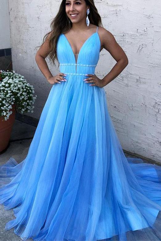 V-Neck Blue Long Prom Dresses Tulle Formal Dress with Beading