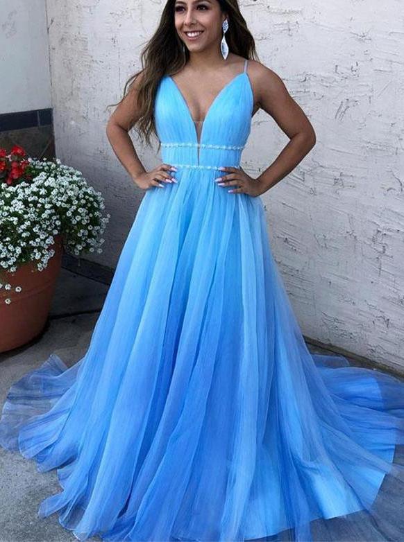 V-Neck Blue Long Prom Dresses Tulle Formal Dress with Beading