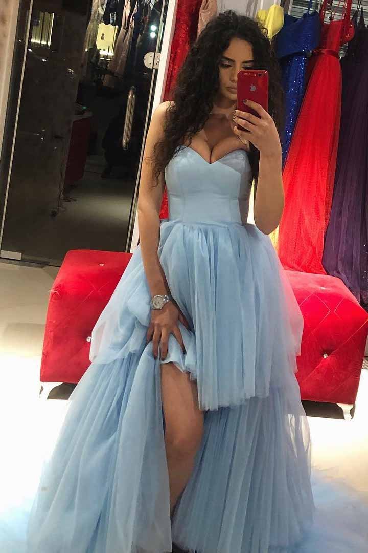 Sweetheart Hi-Lo Tulle Blue Long Prom Dresses with Train