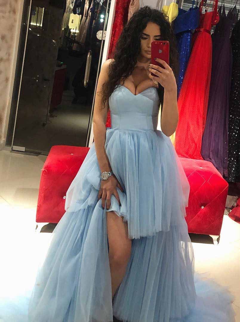 Sweetheart Hi-Lo Tulle Blue Long Prom Dresses with Train