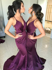 Purple Elastic Satin V-Neck Mermaid Prom Dress, Long Bridesmaid Dresses