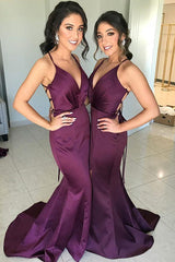 Purple Elastic Satin V-Neck Mermaid Prom Dress, Long Bridesmaid Dresses