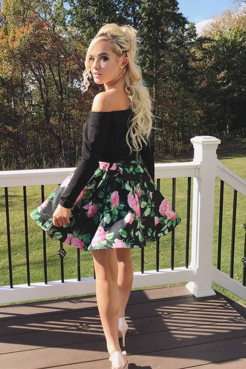 Black Long Sleeves Short Prom Dresses, Floral Print Two Piece Homecoming Dress