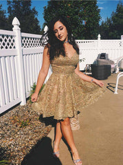 A-Line Lace Applique V-Neck Short Prom Homecoming Dress