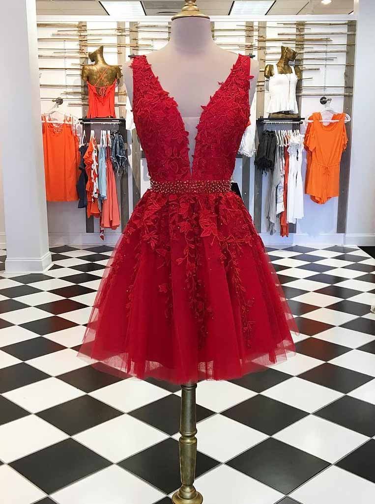 A-Line V-Neck Lace Short Prom Dresses, Red Graduation Homecoming Dresses