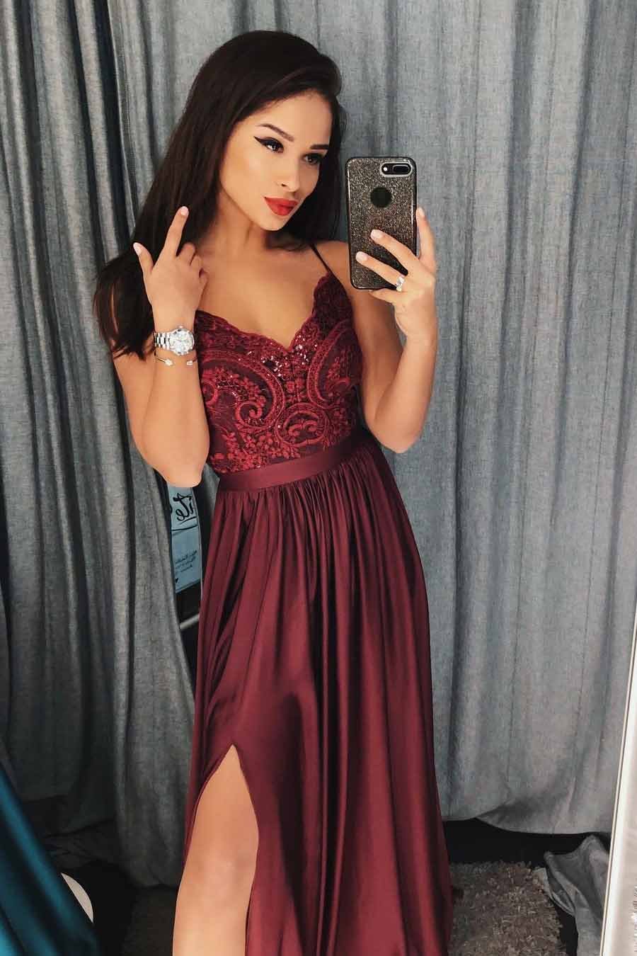 A-Line Burgundy Spaghetti Strap Applique Long Prom Dress with Slit