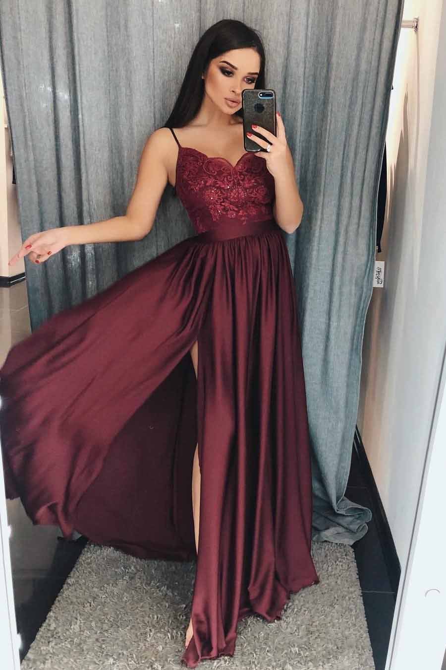 A-Line Burgundy Spaghetti Strap Applique Long Prom Dress with Slit