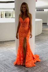 Spaghetti Straps Orange Mermaid V-Neck Lace Prom Dresses, Slit Long Evening Gown