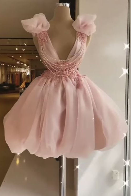 A-Line V-Neck Tulle Pink Homecoming Dresses with Beading, Pink Party Dress