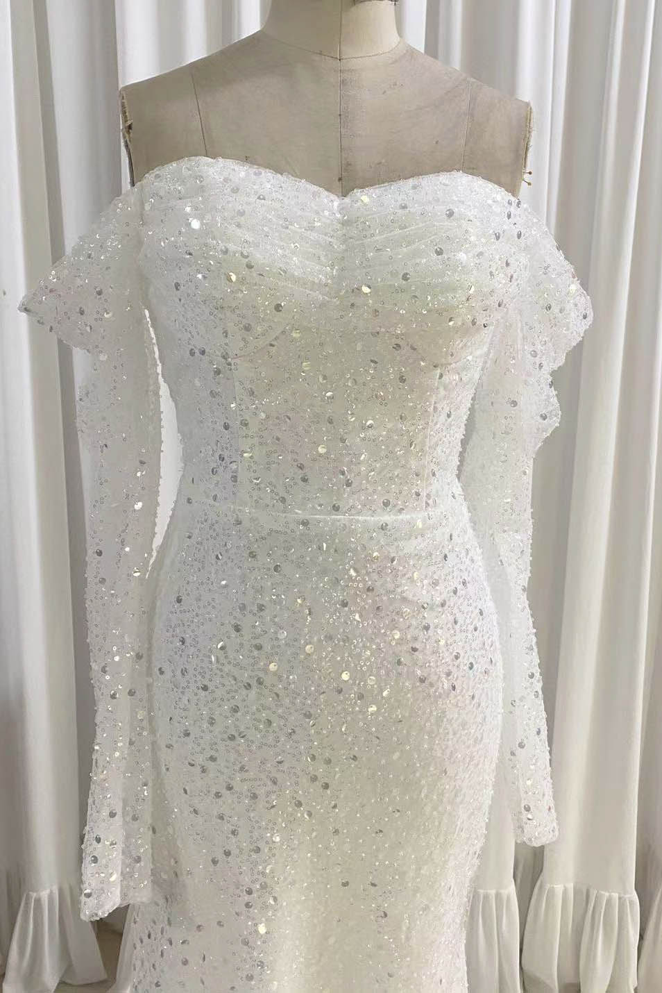 Ivory Long Sleeves Mermaid Sequined Prom Dress, Sparkly Long Wedding Dresses