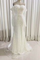 Ivory Long Sleeves Mermaid Sequined Prom Dress, Sparkly Long Wedding Dresses