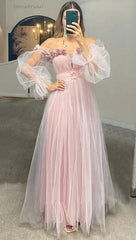 Blush Pink Off-Shoulder Puffy Sleeves Tulle Princess Long Prom Dress