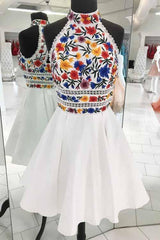 A-Line White High Neck Short Prom Dresses, Sleeveless Short Homecoming Dress