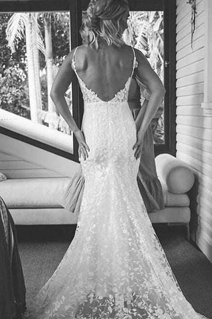 Elegant V-Neck Spaghetti Strap Lace Slit Mermaid Wedding Dress