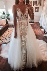 2 In 1 Ivory V-Neck Tulle Wedding Dresses, Lace Applique Bridal Gown